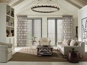 Living room with curtains on glass doors